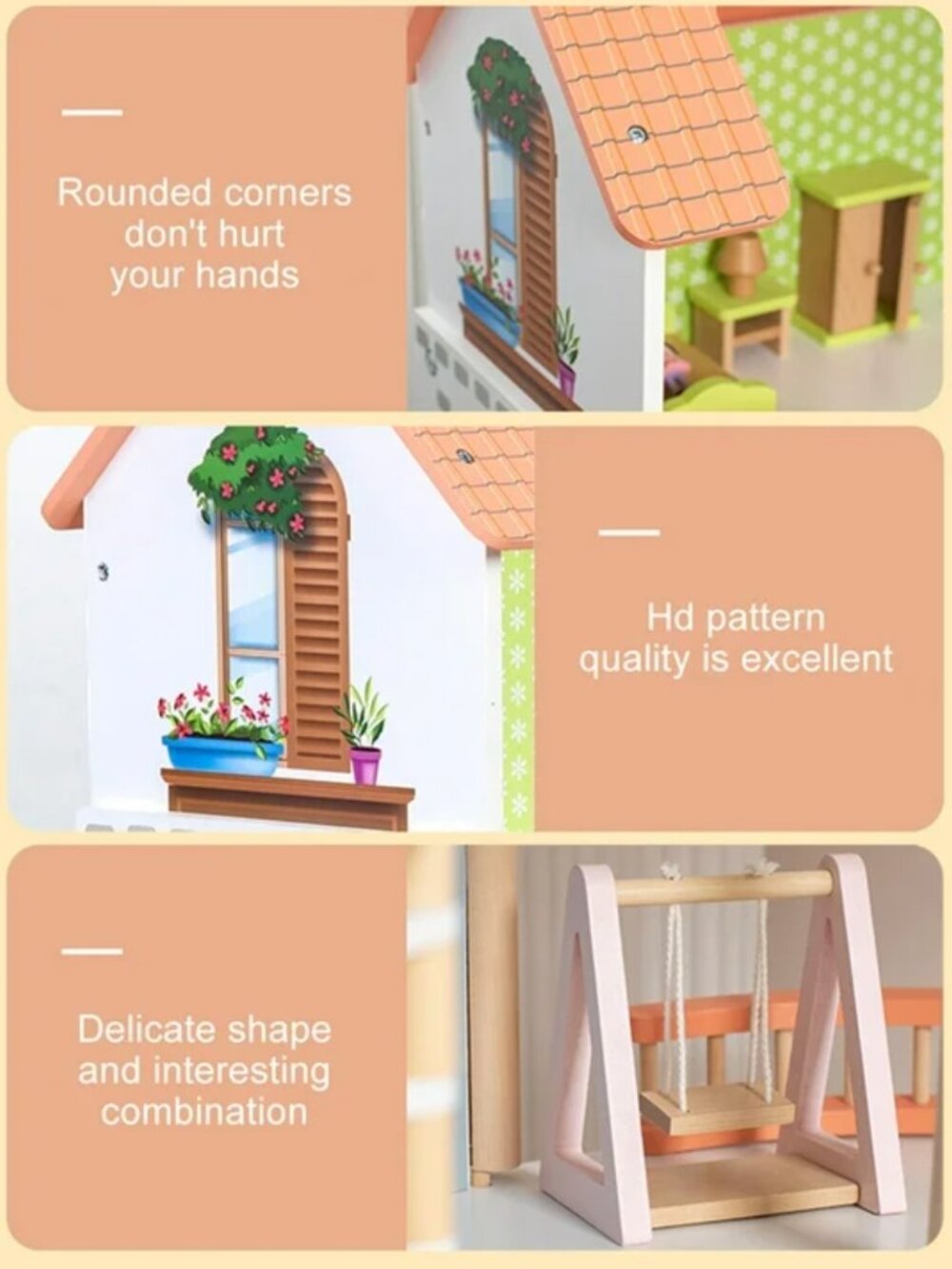 Wooden Dollhouse Playset, 3-Story Montessori Pretend Play Toy - Picture 13 of 16